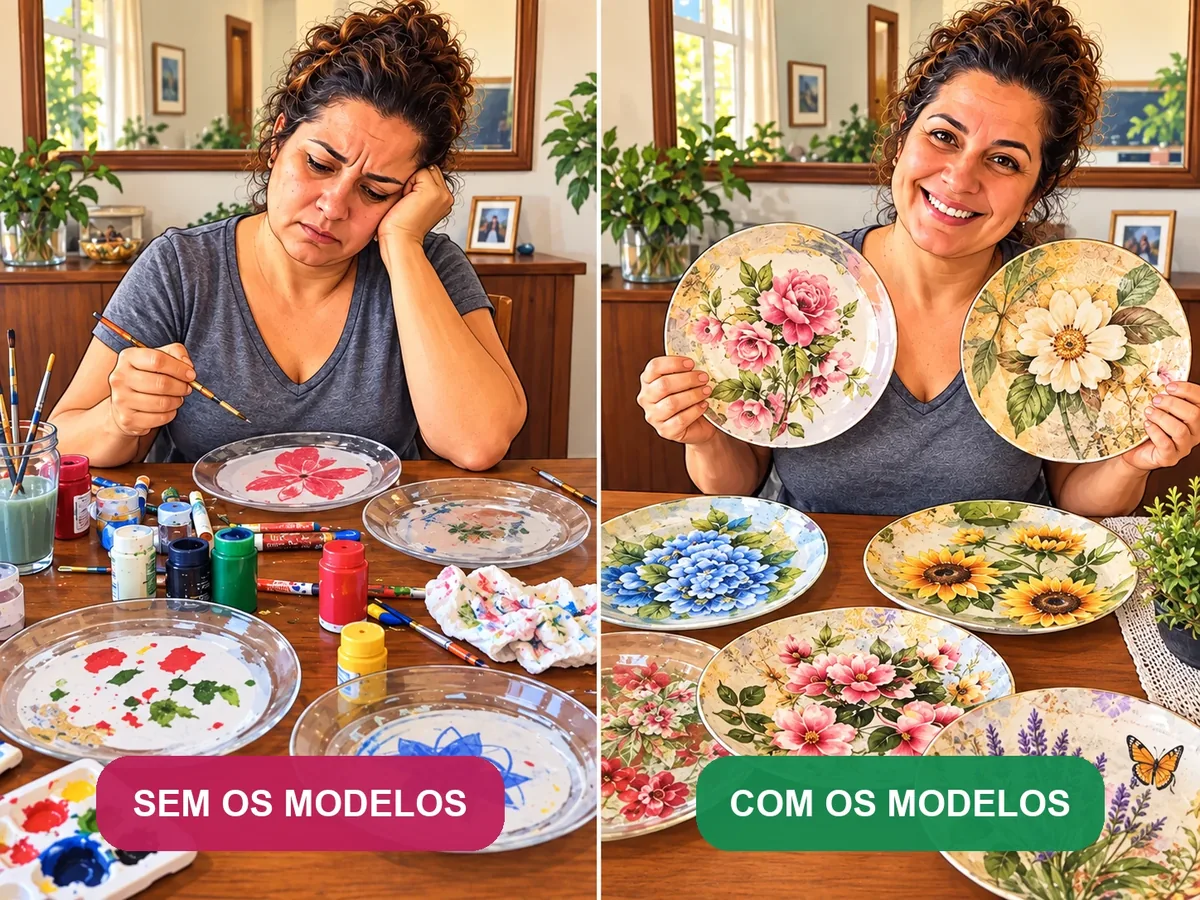 Comparação antes e depois de aprender decoupage em pratos